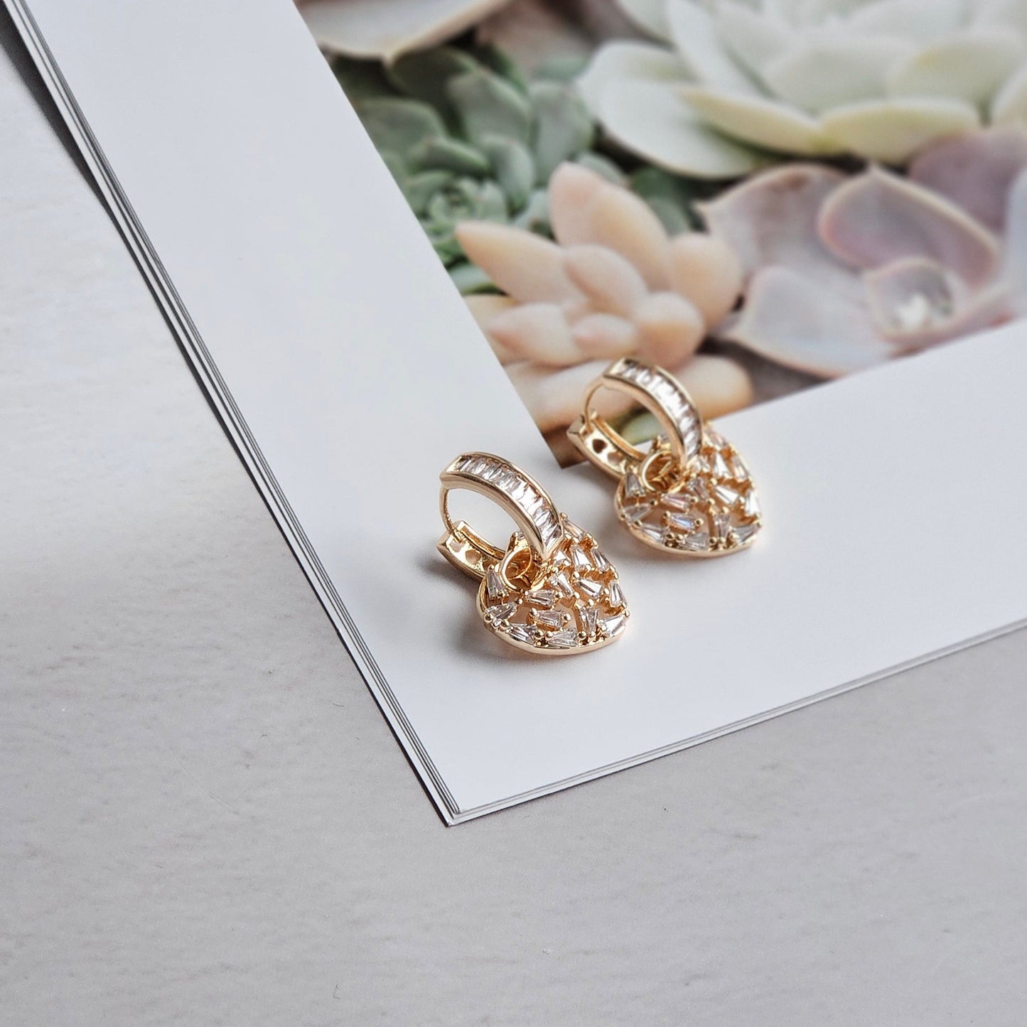 Heartful Elegance: Elegance Gold 14K Steel Earrings with Dangling Zircon Stones