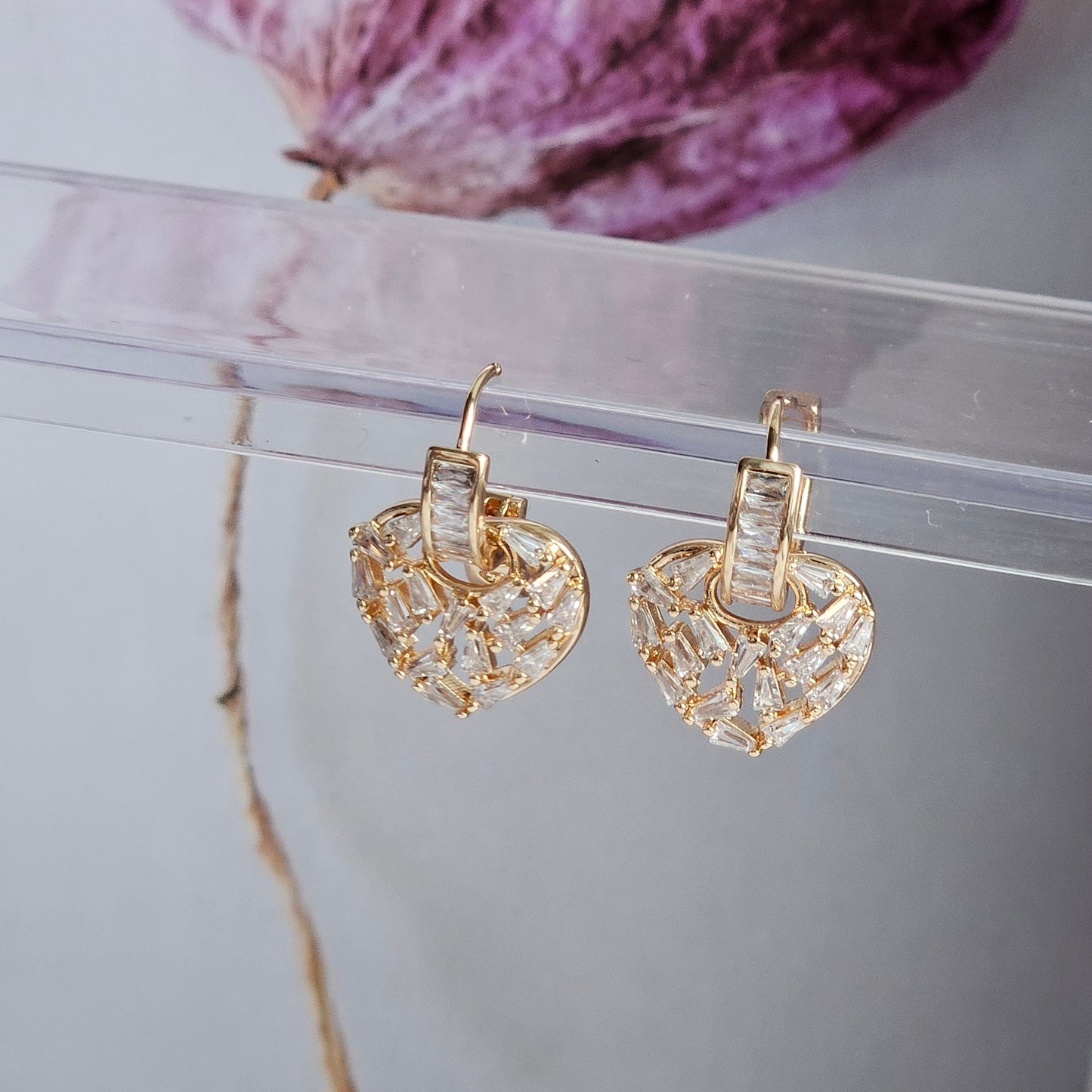 Heartful Elegance: Elegance Gold 14K Steel Earrings with Dangling Zircon Stones