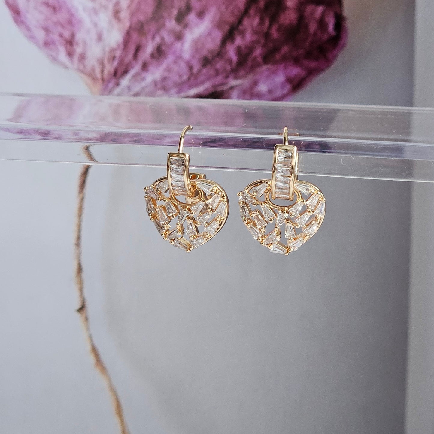 Heartful Elegance: Elegance Gold 14K Steel Earrings with Dangling Zircon Stones