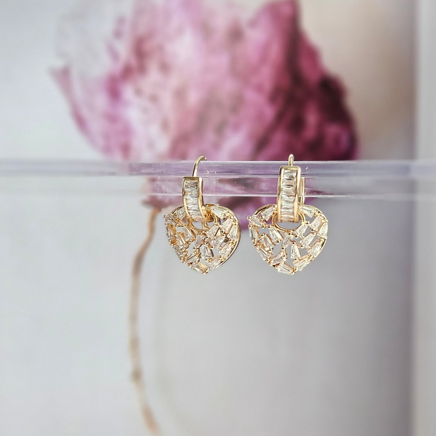 Heartful Elegance: Elegance Gold 14K Steel Earrings with Dangling Zircon Stones