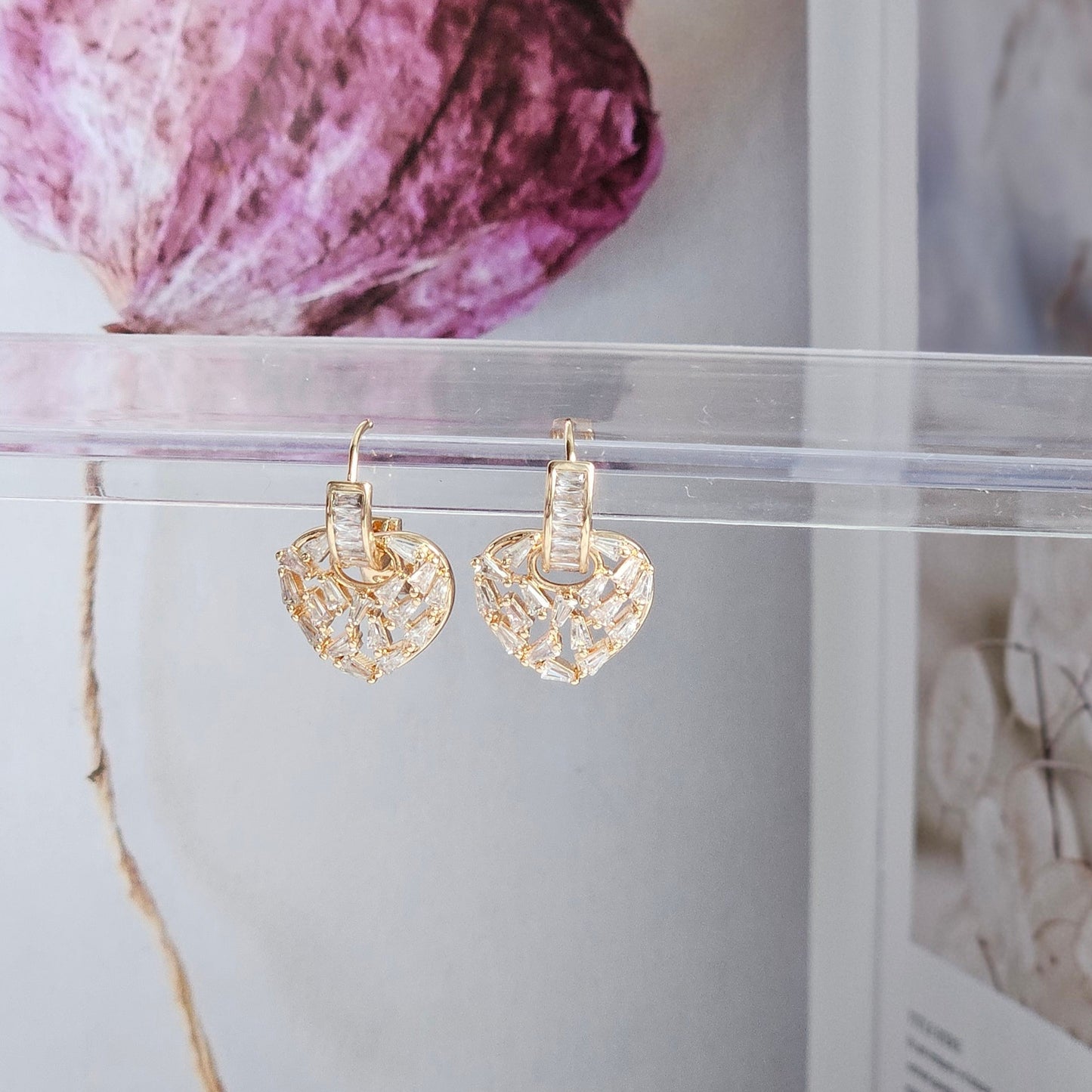 Heartful Elegance: Elegance Gold 14K Steel Earrings with Dangling Zircon Stones